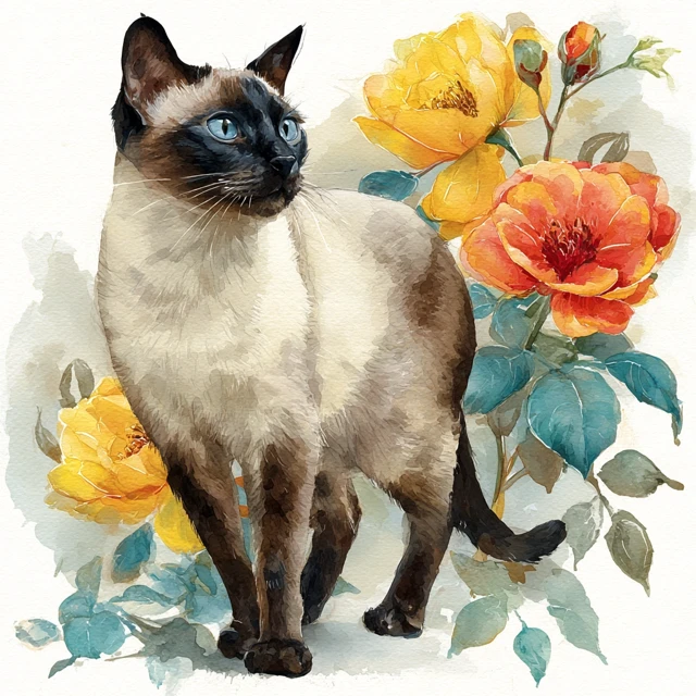 Watercolor Siamese Cat with Flowers Illustration