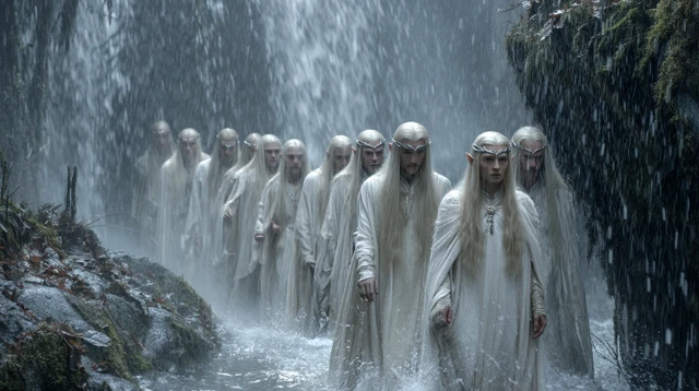 Elves in Waterfall: A Fantasy Scene