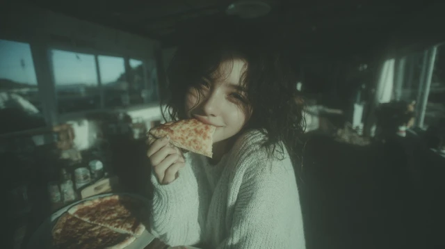 Cozy Pizza Moment Young Woman Smiling