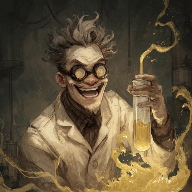 Mad Scientist with Golden Liquid Dark Fantasy Art