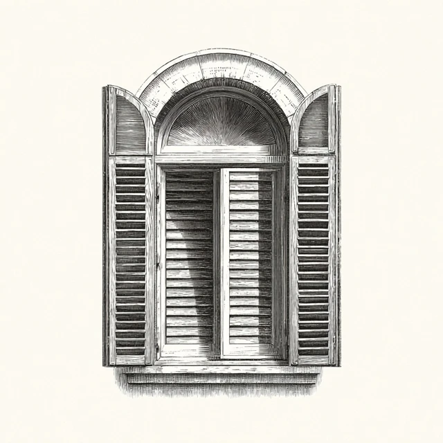 Vintage Engraving Arched Window with Shutters
