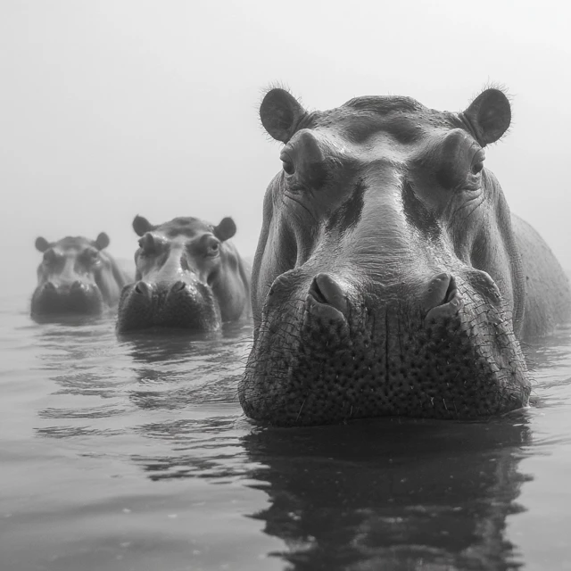 Hippos in Okavango Delta Black and White Photography