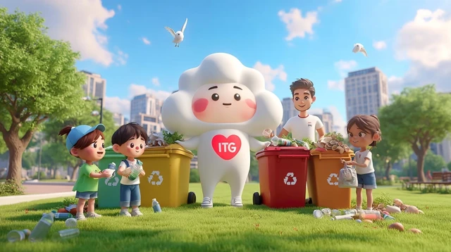 Kids and Adult Recycle in Park with Cartoon Character