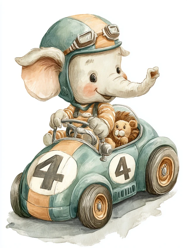 Cute Baby Elephant Driving Race Car Watercolor