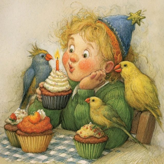 Cute Girl Blowing Candle on Cupcake Illustration