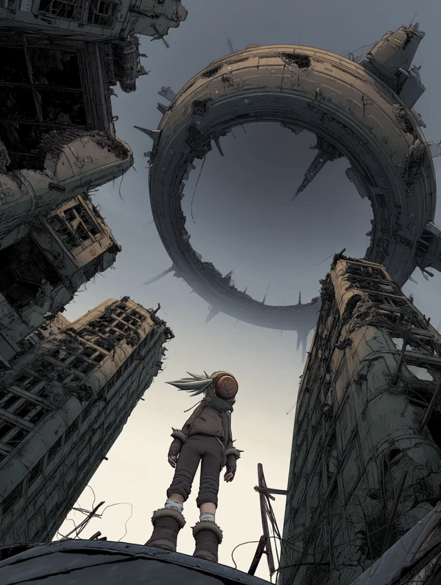 Apocalyptic Girl Gazes at Space Station