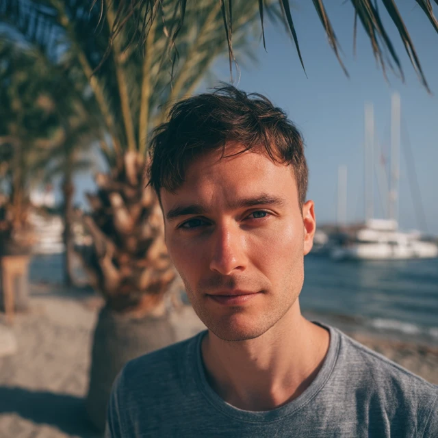 Man on the Beach Portrait with Palm Trees and Yacht