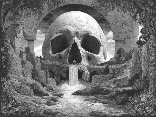 Giant Skull Waterfall Black and White Painting