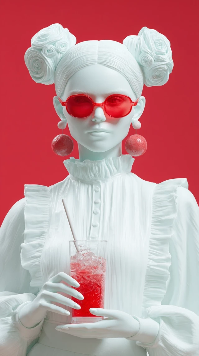 Fashion Sculpture: White Figure with Red Sunglasses and Drink