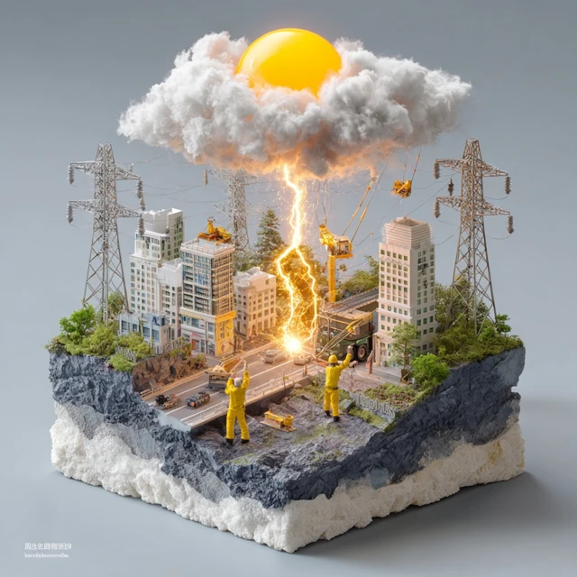Chinese Electricians Working on Power Lines 3D City