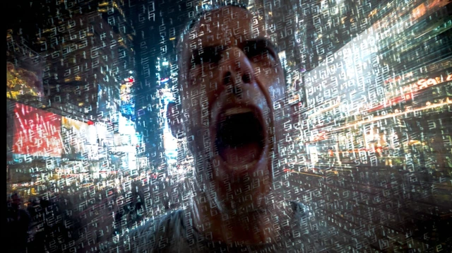 Man Dissolving in Code in Times Square Cyberpunk