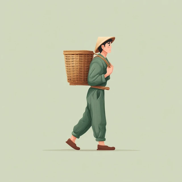Asian Farmer With Bamboo Basket Illustration