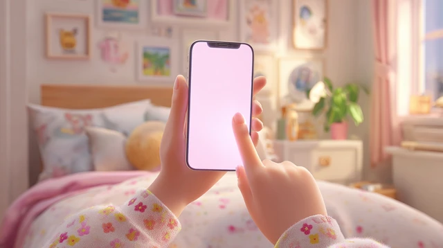 3D Cartoon Finger Tapping Phone in Bedroom