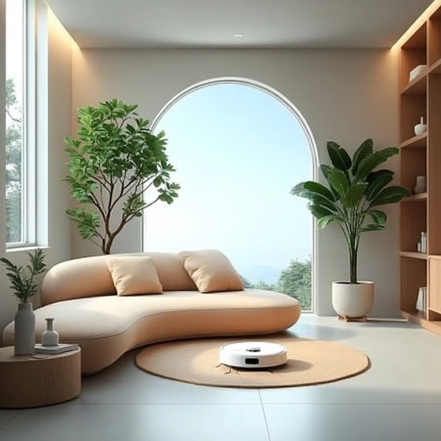 Modern Minimalist Living Room 3D Render with Robotic Vacuum