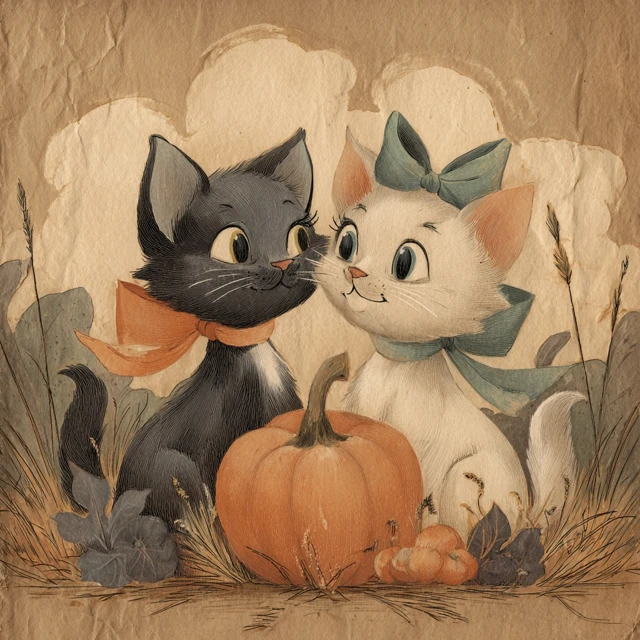Vintage Halloween Greeting Card Cats and Pumpkin