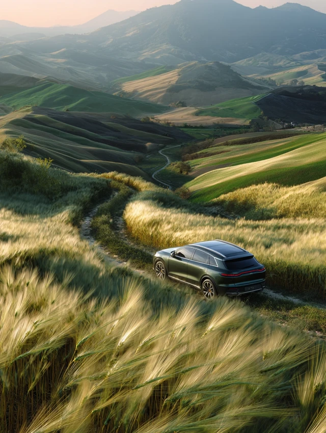 Electric SUV in Wheat Field Cinematic Scene