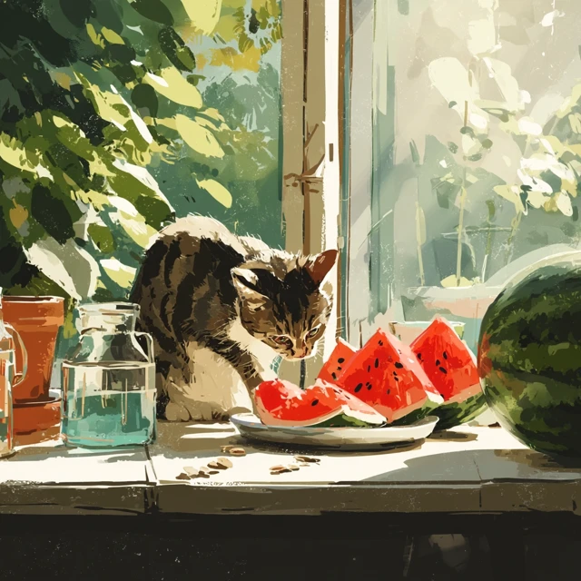 Cat Eating Watermelon Summer Illustration