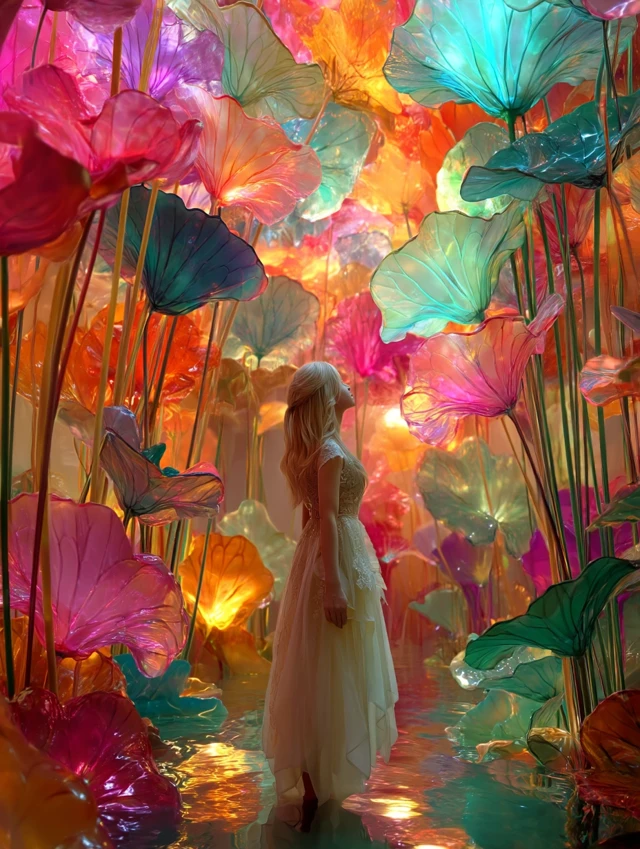 Dreamlike Lotus Forest: Woman in a Fairytale Landscape