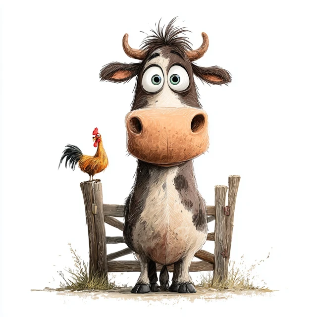 Funny Cartoon Cow and Chicken Friends Illustration