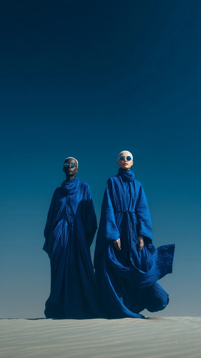 Fashion Editorial Desert in Klein Blue Couture Style
