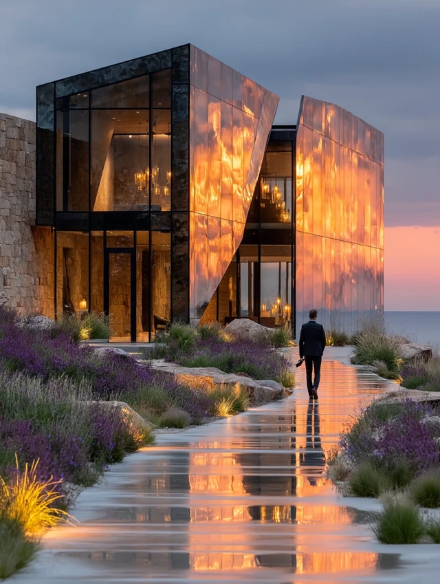 Modern Villa Sunset Reflection Architecture Photo
