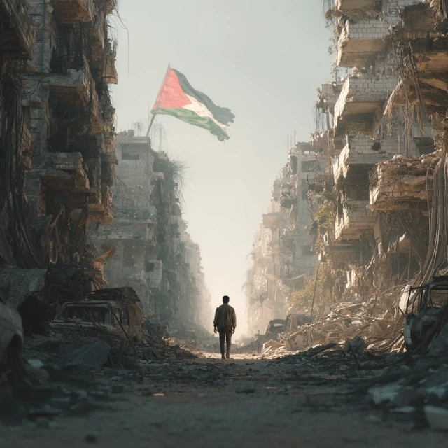 Man in Palestine Holding Flag Amidst Destruction