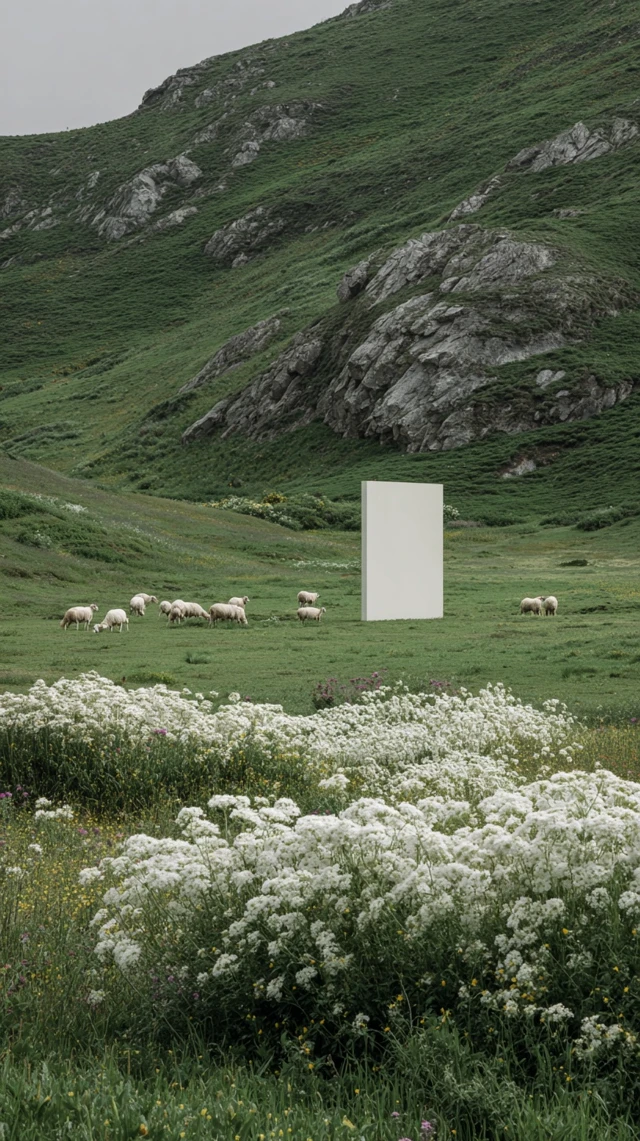 Green Field with Sheep and Flowers