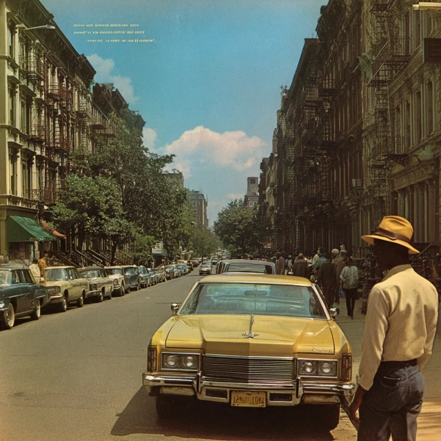 Early 70s New York Harlem Street with Yellow Taxi