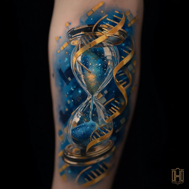 Hourglass Tattoo Universe DNA Blue and Gold