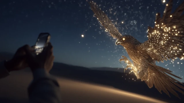 Golden Falcon in Desert Night 3D Rendering