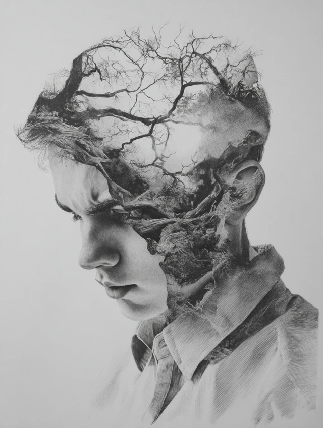 Man Daydreaming Hyperrealistic Pencil Drawing