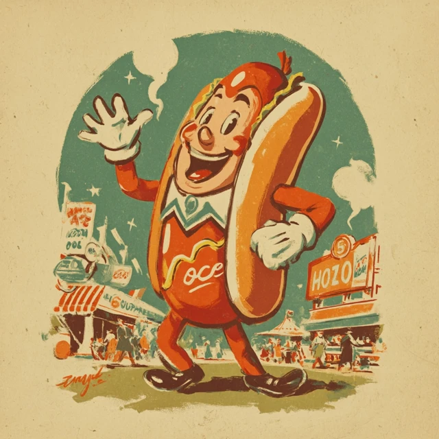 Mid Century Hotdog Mascot Advertising Image