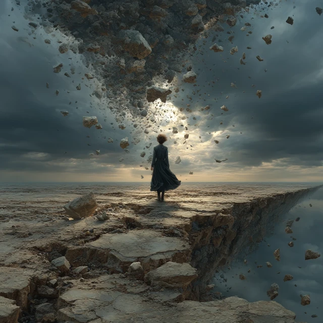 Woman on Collapsing Cliff Surreal Art