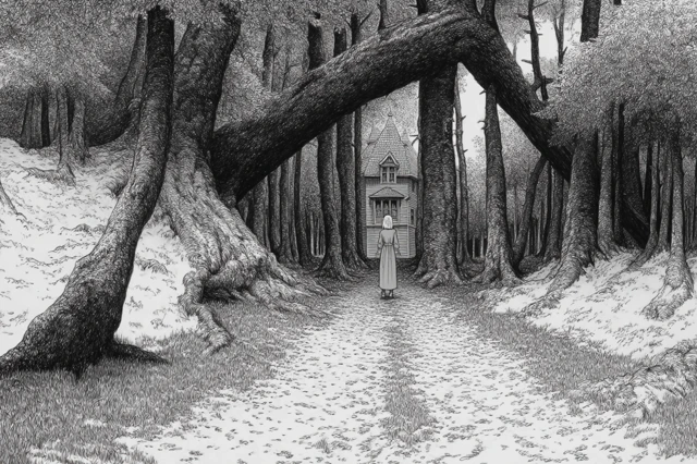 Spooky Forest Path to Haunted House Illustration