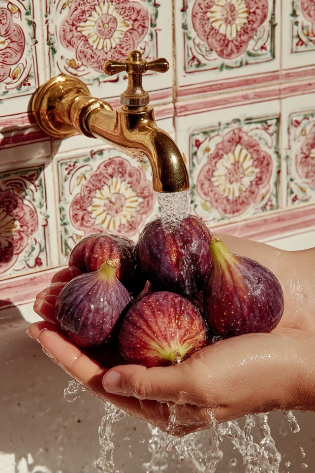 Fresh Figs Hands Water Brass Tap Mediterranean