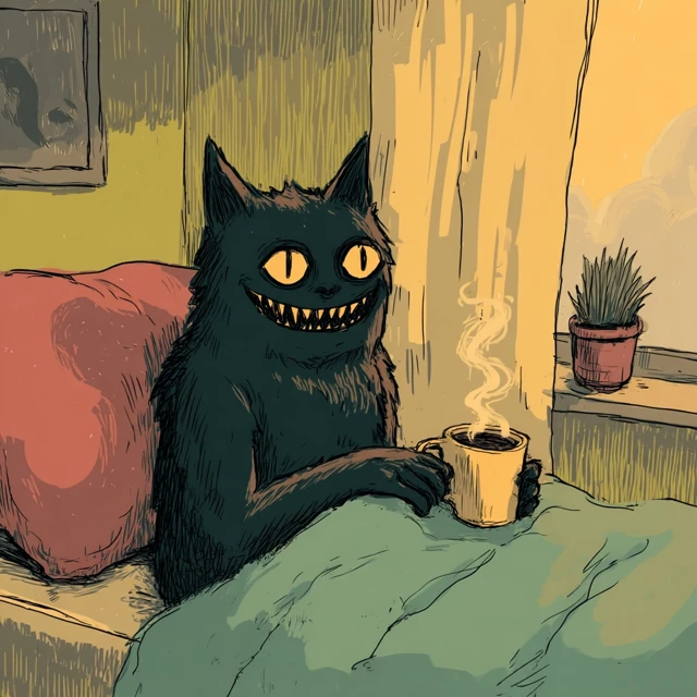 Ghoul Cat Having Coffee Scary Morning