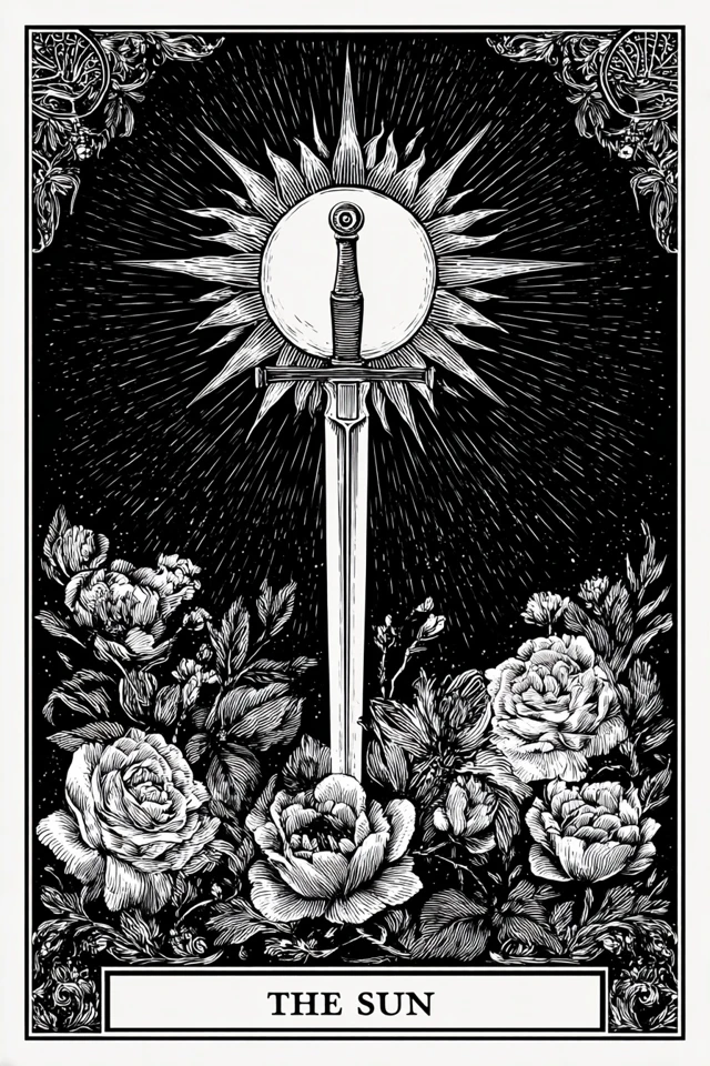 The Sun Tarot Card Illustration Sword Flowers