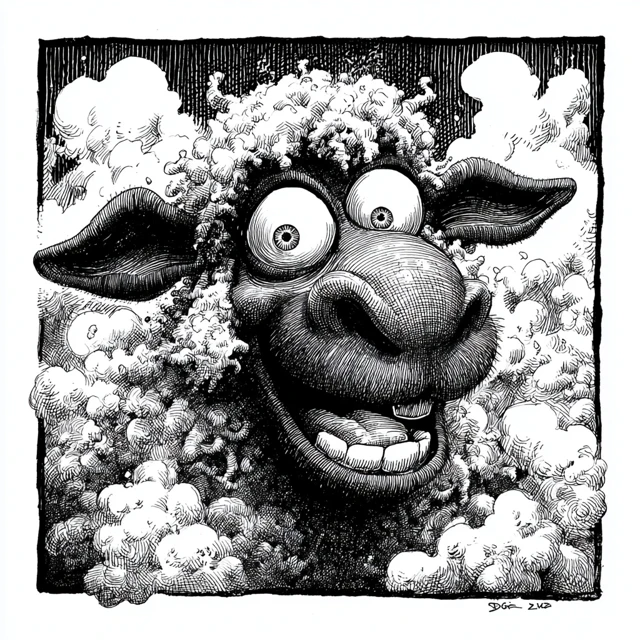 Black Sheep Cartoon Illustration Pen and Ink