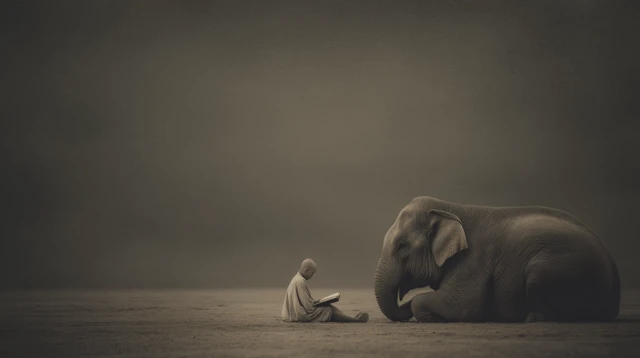 Monk and Elephant Reading: Zen Desert Scene