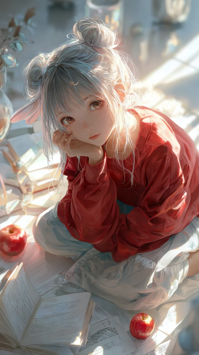 Moon Hare Girl Art Illustration Silver Hair Bun