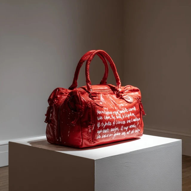 Red Handbag with White Writing on Plinth