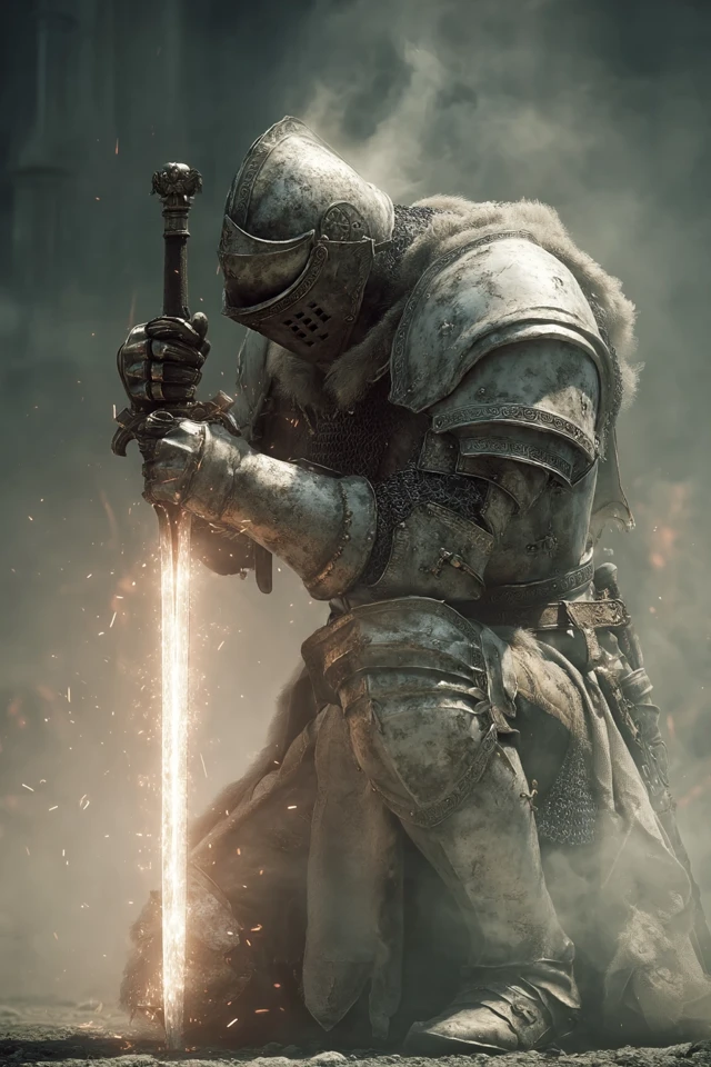 Heroic Knight with Glowing Sword on Battlefield