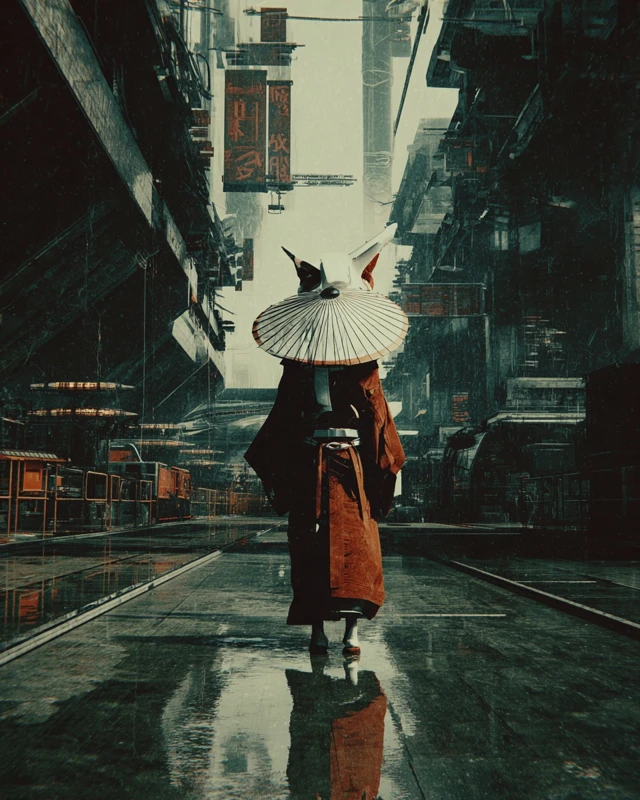 Kitsune in Cyberpunk City Velvia Aesthetic