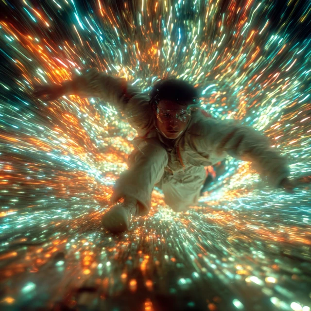 Futuristic Traveler in Hyperspace Tunnel