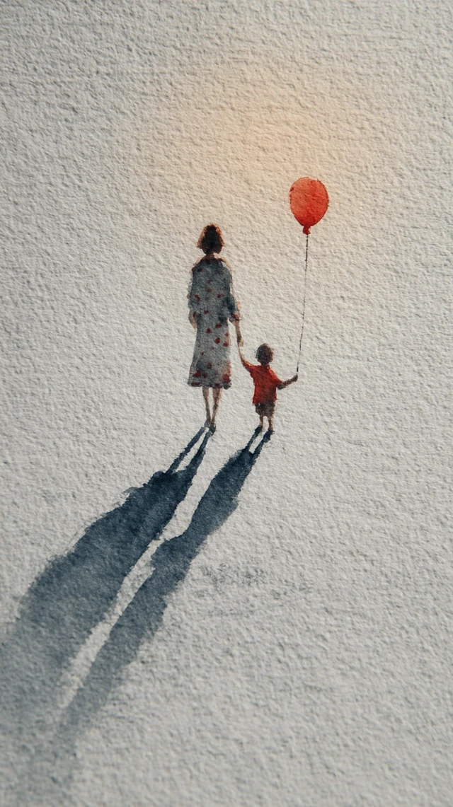 Watercolor Painting: Mother and Child Walking Towards the Sun