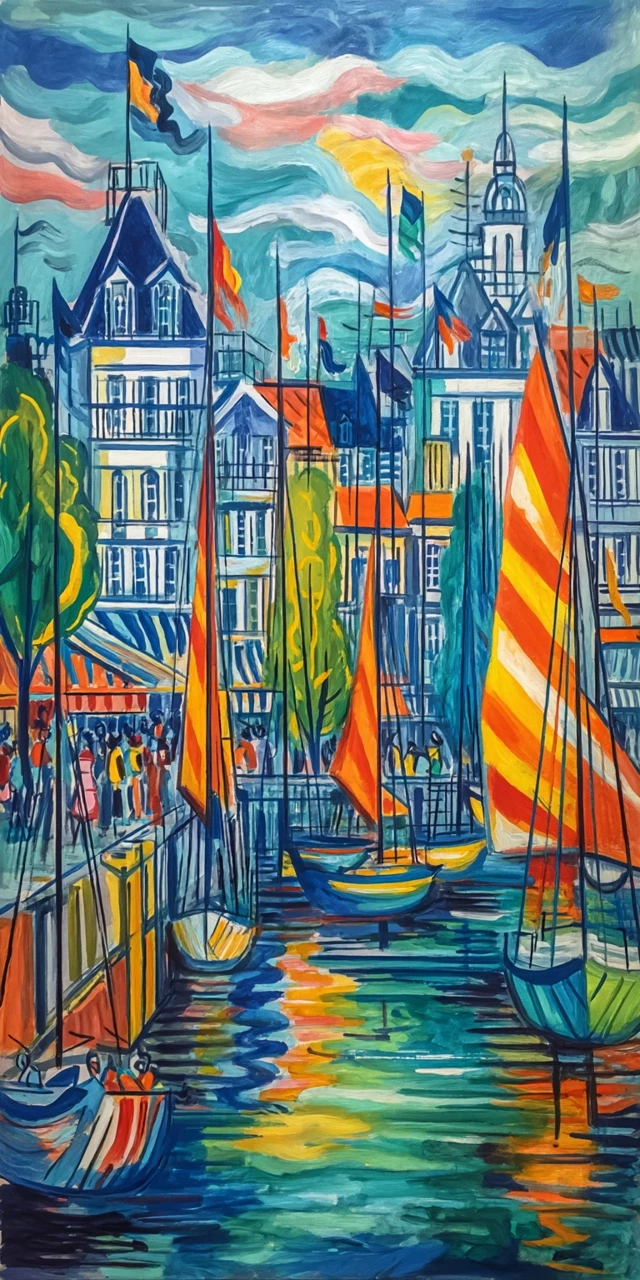 Abstract Painting Sailboats in Deauville Harbor Art