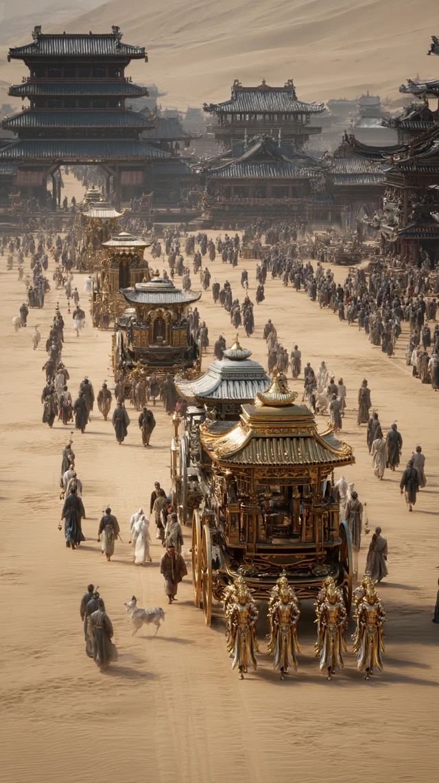 Ancient Chinese Carriages in Desert Scene