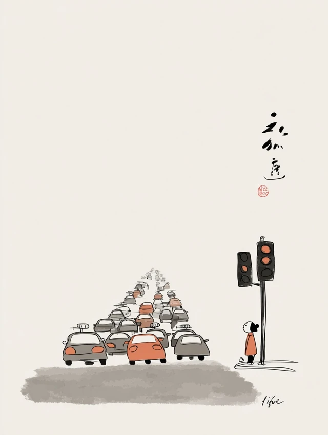 Traffic Jam Japanese Ink Drawing Morning Commute
