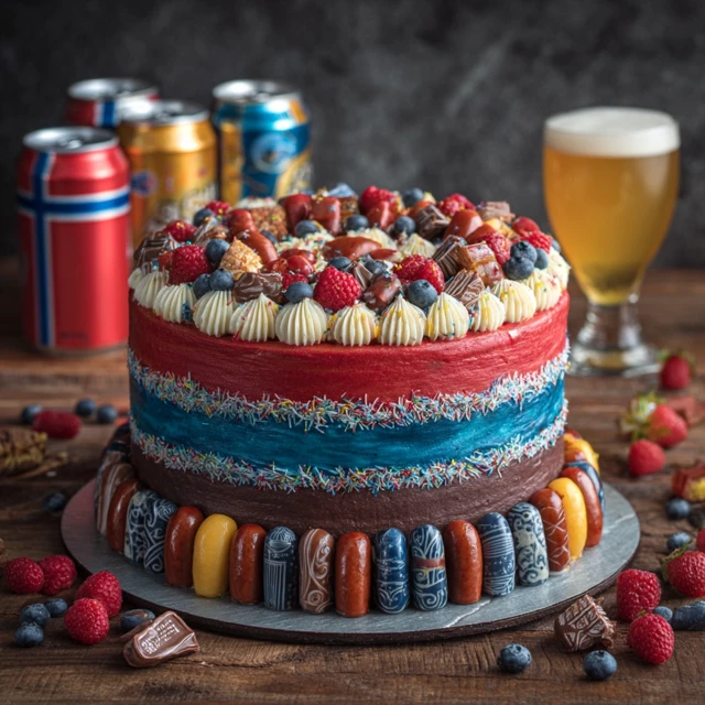Norwegian Flag Birthday Cake with Beer and Sausages
