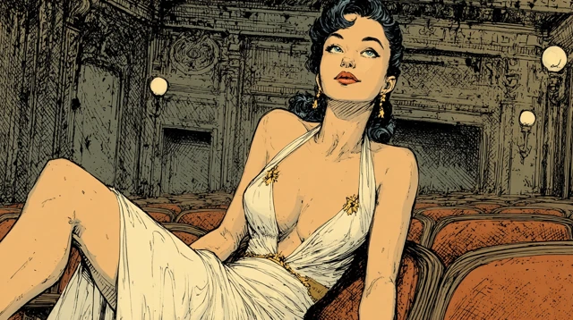 Retro Illustration Elegant Woman Opera House